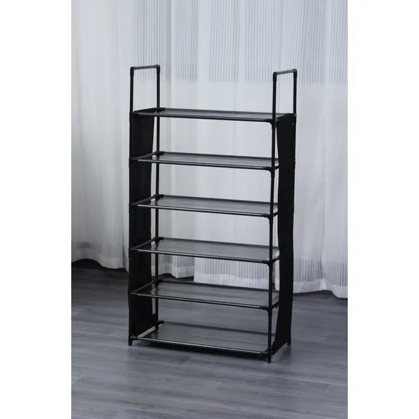 6 szintes cipőtároló polc, 57×27×100 cm, fekete, oldalzsebekkel