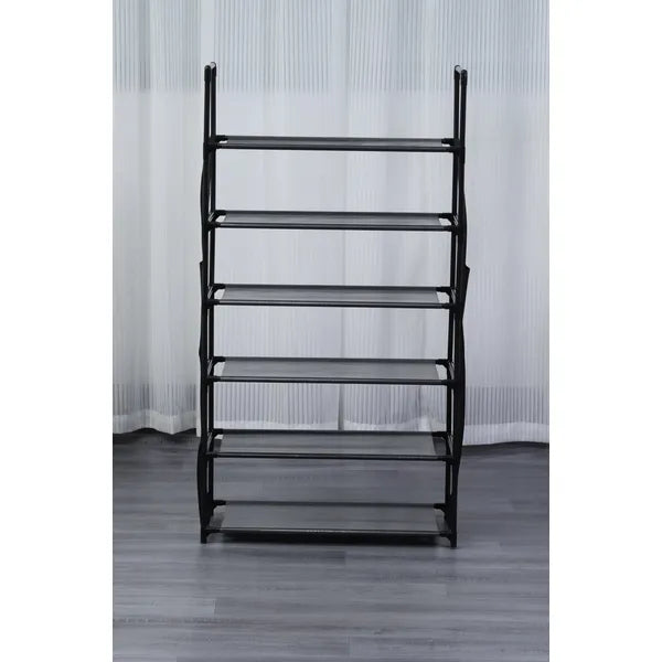 6 szintes cipőtároló polc, 57×27×100 cm, fekete, oldalzsebekkel