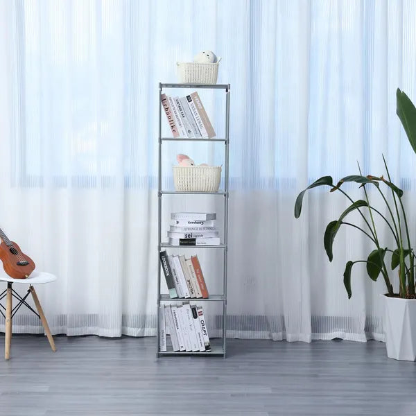 5 szintes többfunkciós könyvespolc és tároló állvány, 42×26×153 cm, szürke