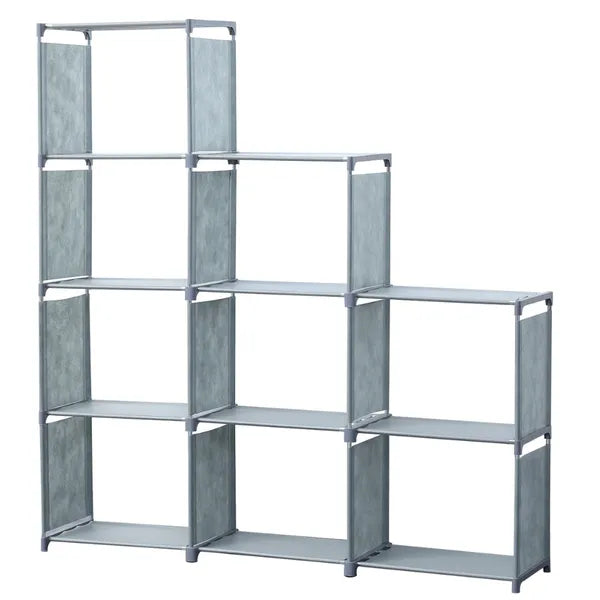 9 szintes lépcsős könyvespolc és tároló állvány, 125×125 cm, szürke