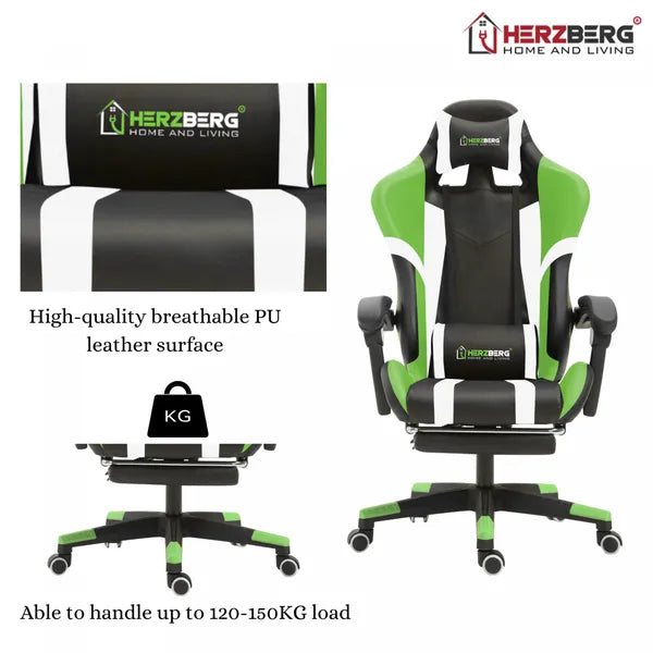 Ergonomikus gamer- és irodai szék, sárga, lábtartóval, 90-140° döntés, 120 kg