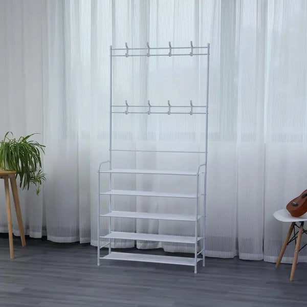 4 szintes előszobai fogas és cipőtartó pad, 80×170 cm, fekete/fehér