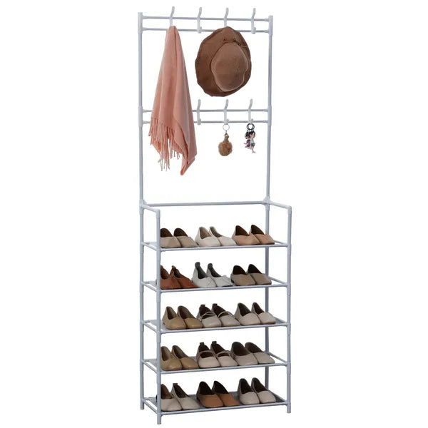 Herzberg fehér acél előszobafogas 5 polcos cipőállvánnyal 60×26×173 cm