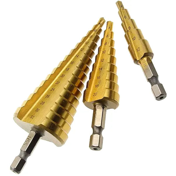 3 részes HSS lépcsős fúrószár készlet 4–32 mm titánbevonattal HEX