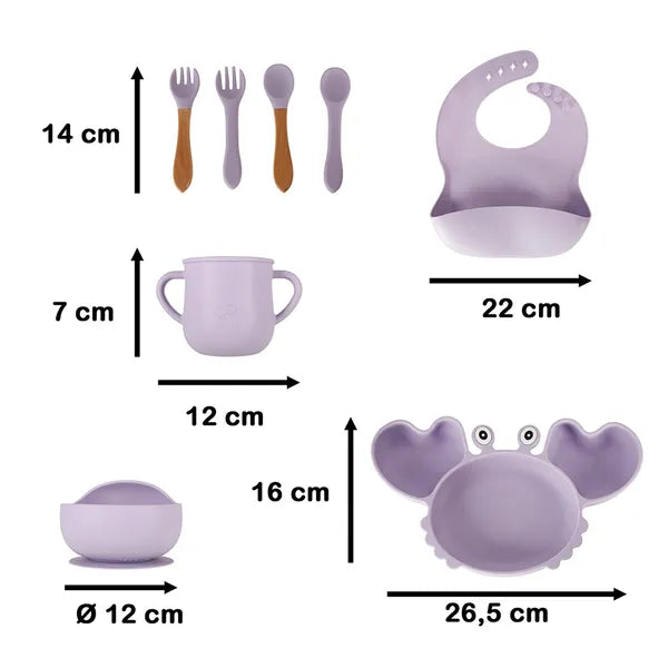 Baba szilikon étkészlet krab formával, 9 részes, tapadó, lila