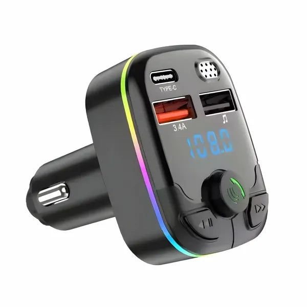 Bluetooth 5.0 autós FM transzmitter RGB világítással, USB-C/USB-A, microSD
