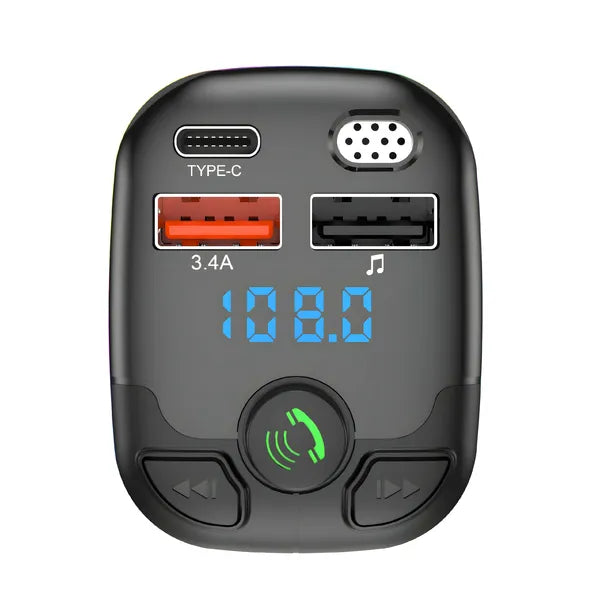 Bluetooth 5.0 autós FM transzmitter RGB világítással, USB-C/USB-A, microSD