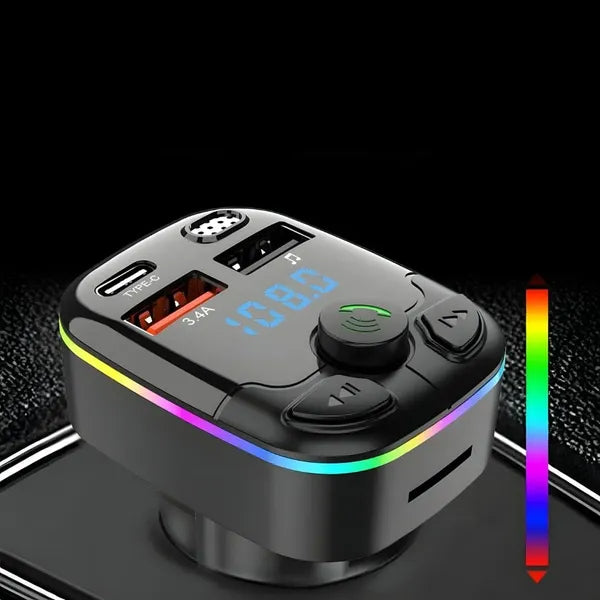 Bluetooth 5.0 autós FM transzmitter RGB világítással, USB-C/USB-A, microSD