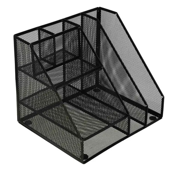Fekete fém hálós A4 írószer asztali rendező, 6 rekeszes, 31×25,5×25,5 cm