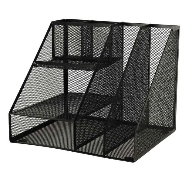 Fekete fém hálós A4 írószer asztali rendező, 6 rekeszes, 31×25,5×25,5 cm