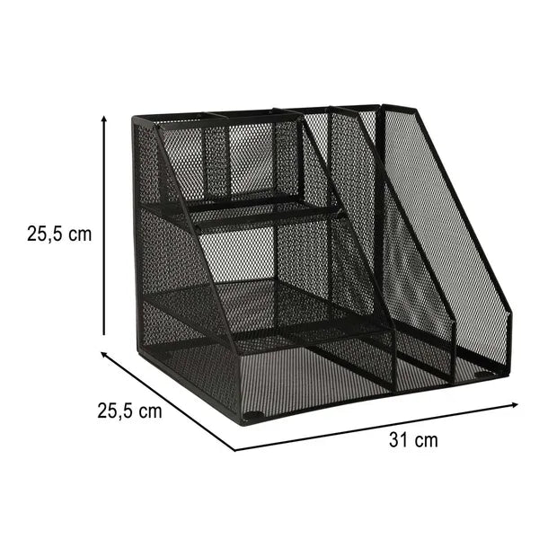 Fekete fém hálós A4 írószer asztali rendező, 6 rekeszes, 31×25,5×25,5 cm