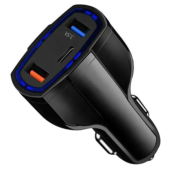 Autós QC 3.0 gyorstöltő, 2×USB + USB-C, 12–24 V, 3.1 A, fekete