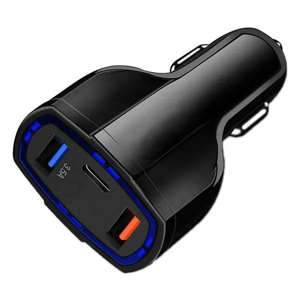 Autós QC 3.0 gyorstöltő, 2×USB + USB-C, 12–24 V, 3.1 A, fekete