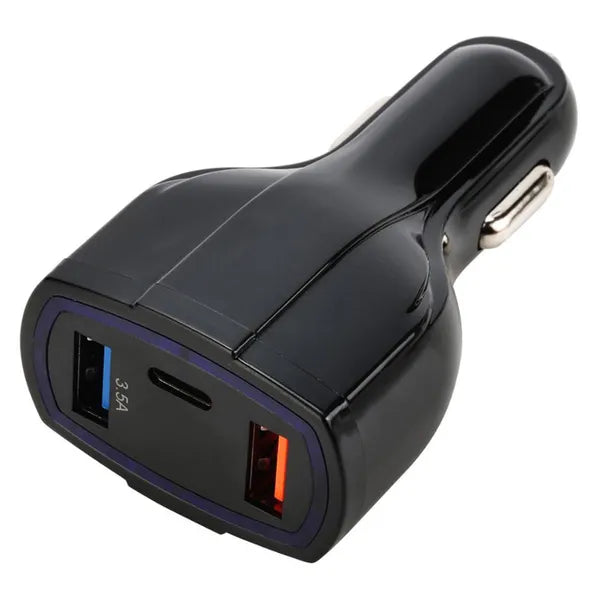 Autós QC 3.0 gyorstöltő, 2×USB + USB-C, 12–24 V, 3.1 A, fekete
