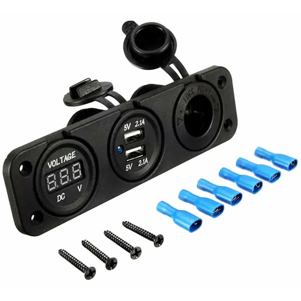 12 V autós szivargyújtó aljzat 2×USB (5 V/2,1 A) beépített voltmérővel