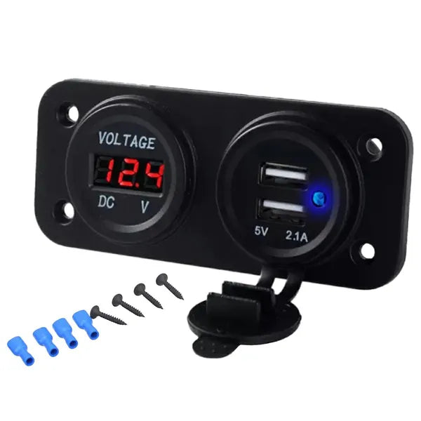 Autós 12-24V beépíthető szivargyújtó aljzat 2×USB 5V 3.1A, voltmérővel, fekete