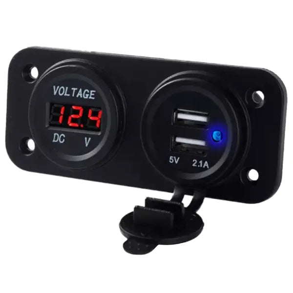 Autós 12-24V beépíthető szivargyújtó aljzat 2×USB 5V 3.1A, voltmérővel, fekete