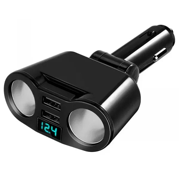 Autós 12/24V szivargyújtó elosztó, 2 aljzat + 2×USB 3,1 A, beépített voltmérő
