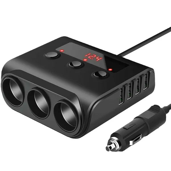 Autós szivargyújtó elosztó 12/24 V, 3 aljzat + 4×USB, LCD voltmérő