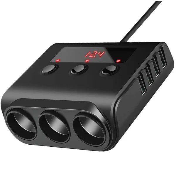 Autós szivargyújtó elosztó 12/24 V, 3 aljzat + 4×USB, LCD voltmérő