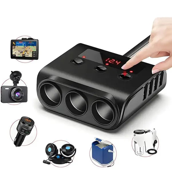 Autós szivargyújtó elosztó 12/24 V, 3 aljzat + 4×USB, LCD voltmérő