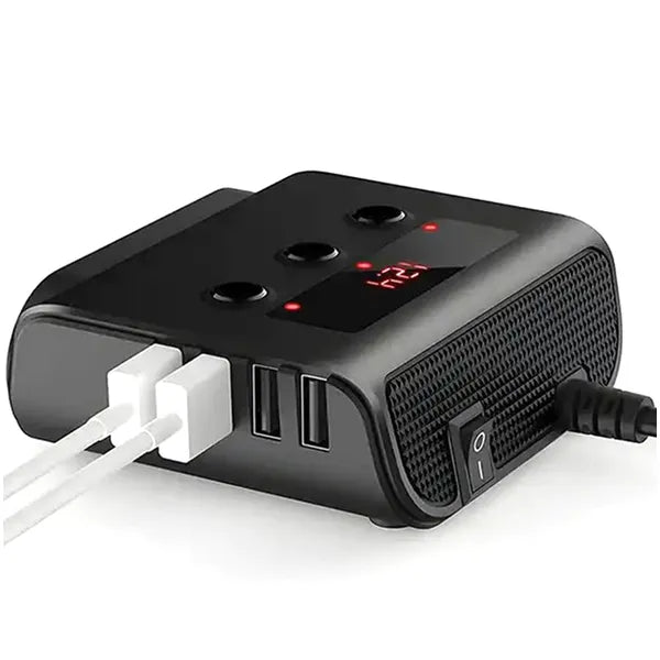 Autós szivargyújtó elosztó 12/24 V, 3 aljzat + 4×USB, LCD voltmérő
