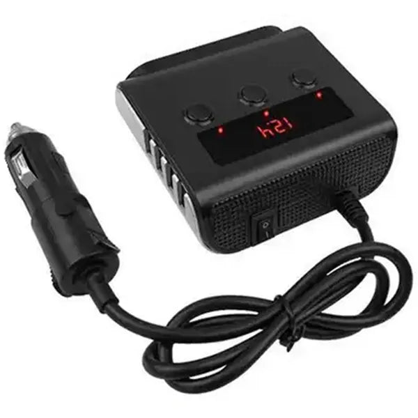 Autós szivargyújtó elosztó 12/24 V, 3 aljzat + 4×USB, LCD voltmérő