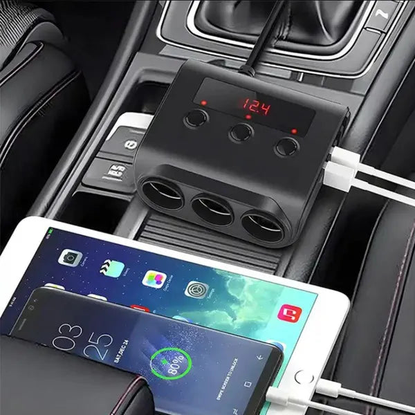 Autós szivargyújtó elosztó 12/24 V, 3 aljzat + 4×USB, LCD voltmérő