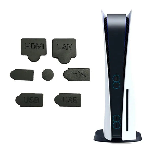 PS5 szilikon portvédő dugó készlet, 7 db, fekete, USB/LAN/AUX