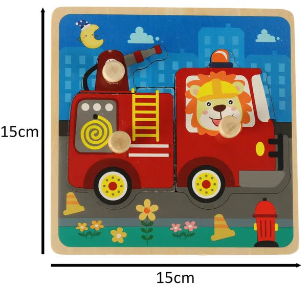 Fa formaillesztő puzzle tábla – tűzoltóautó, 15×15 cm