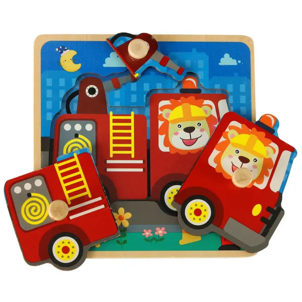 Fa formaillesztő puzzle tábla – tűzoltóautó, 15×15 cm