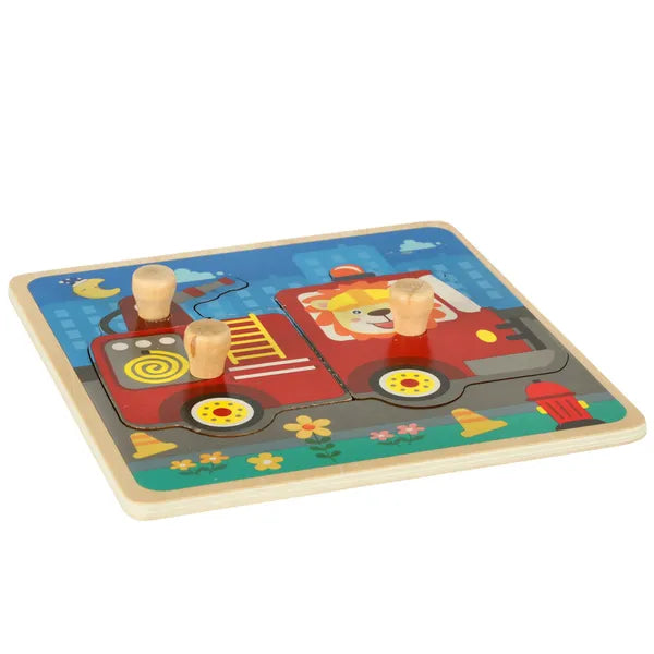 Fa formaillesztő puzzle tábla – tűzoltóautó, 15×15 cm
