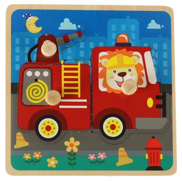 Fa formaillesztő puzzle tábla – tűzoltóautó, 15×15 cm