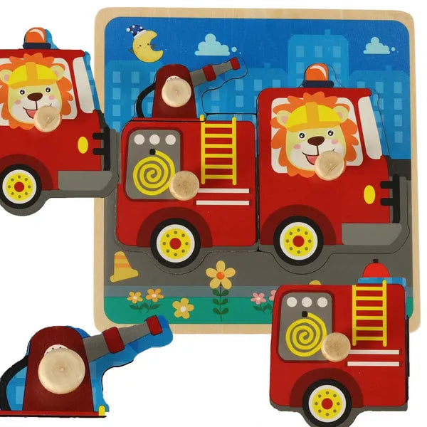 Fa formaillesztő puzzle tábla – tűzoltóautó, 15×15 cm