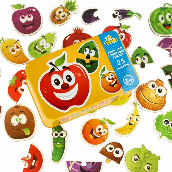 Gyümölcs- és zöldségmintás puzzle 25 db, fémdobozban