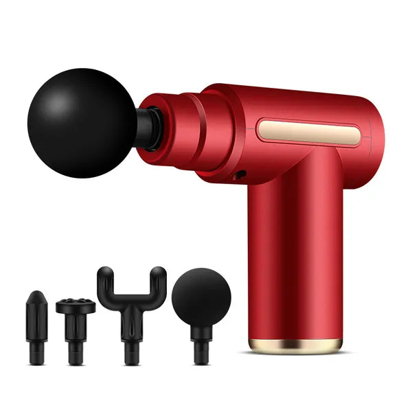 Mini masszázs pisztoly 20W, 1800-3200 ütés/perc, 4 fej, USB, piros