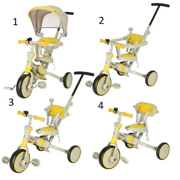 TRIKE FIX V4 6 az 1-ben gyermek tricikli, napellenzővel, sárga-szürke, 25 kg