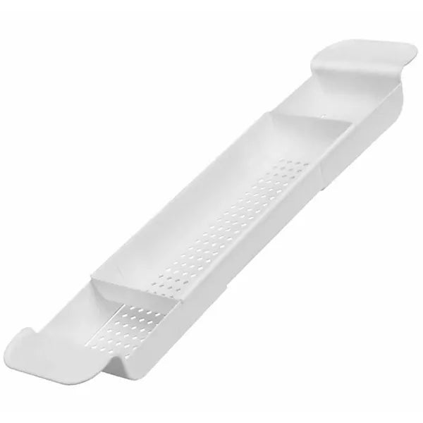 Összecsukható, állítható méretű kádra akasztható fürdőszobai polc, 55-78 cm, fehér