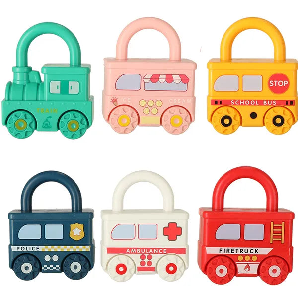Montessori autós lakat puzzle, 6 jármű + 7 kulcs, 18 hó+