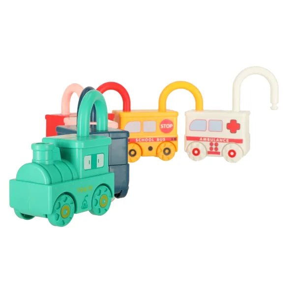 Montessori autós lakat puzzle, 6 jármű + 7 kulcs, 18 hó+