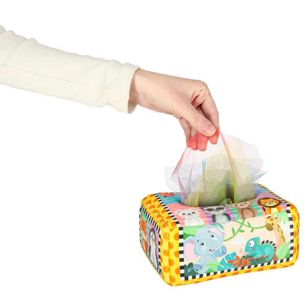 Montessori szenzoros plüss zsebkendődoboz színes kendőkkel, 3 hó+
