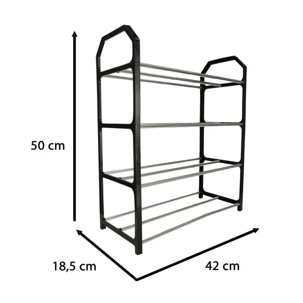 Fekete 4 szintes cipőtartó állvány, fém, 12 pár cipőnek, 42×18,5×50 cm