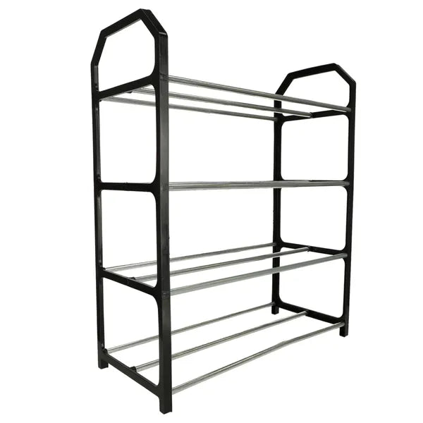 Fekete 4 szintes cipőtartó állvány, fém, 12 pár cipőnek, 42×18,5×50 cm