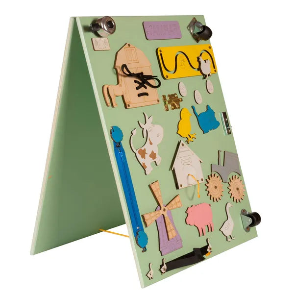 Kétoldalas fa Montessori foglalkoztató tábla, farm, 28×37,5×50 cm