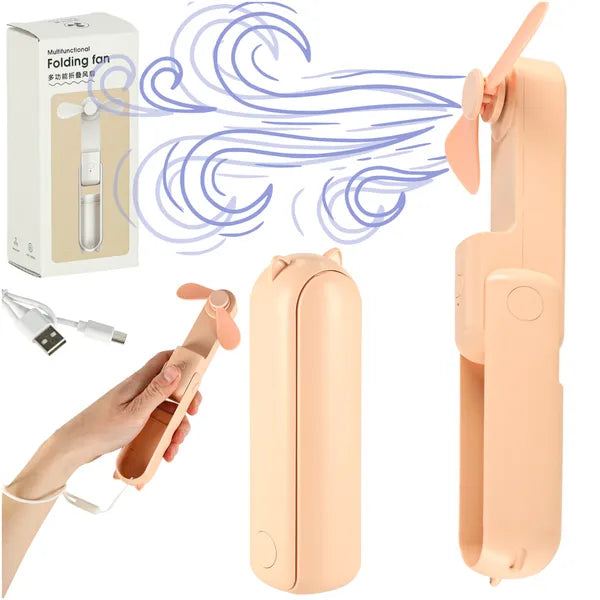 Mini összehajtható USB asztali-kézi ventilátor powerbank funkcióval, rózsaszín