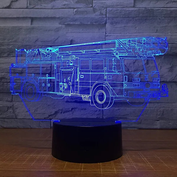 3D tűzoltó autó alakú éjszakai fény, LED lámpa színes háttérvilágítással, távirányítóval, USB