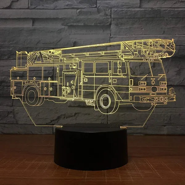 3D tűzoltó autó alakú éjszakai fény, LED lámpa színes háttérvilágítással, távirányítóval, USB