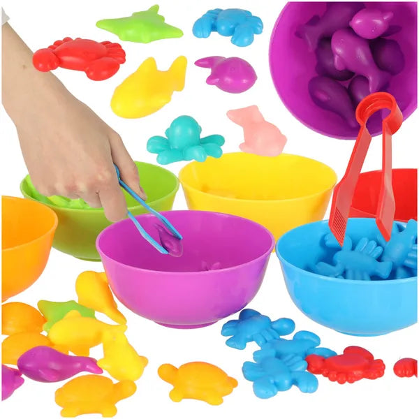 Montessori tengeri állatok számoló játék, 36 db, csipesz + 6 színes pohár