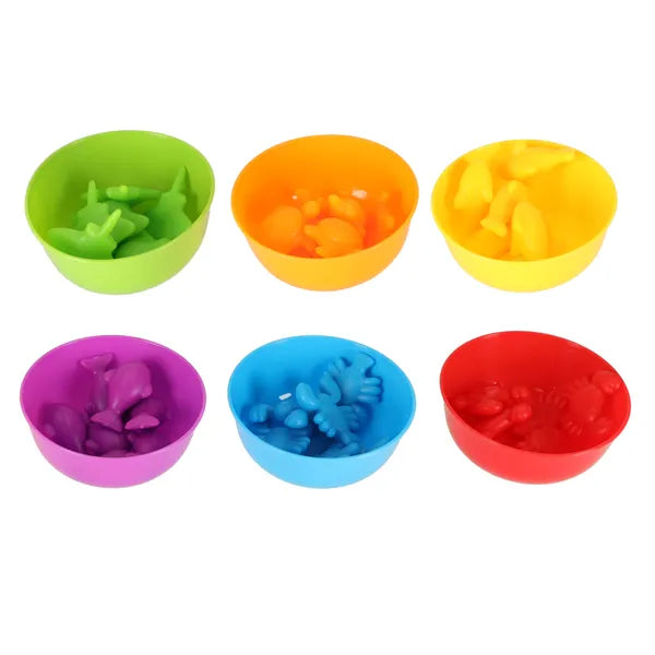 Montessori tengeri állatok számoló játék, 36 db, csipesz + 6 színes pohár