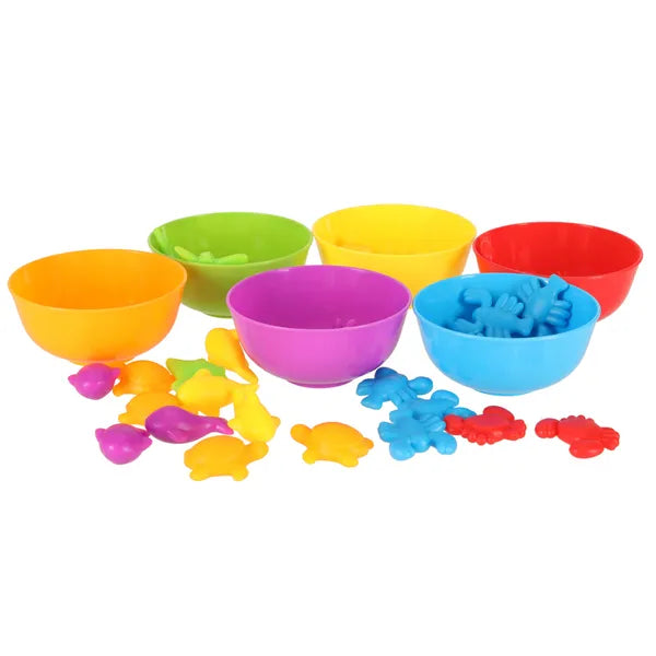 Montessori tengeri állatok számoló játék, 36 db, csipesz + 6 színes pohár
